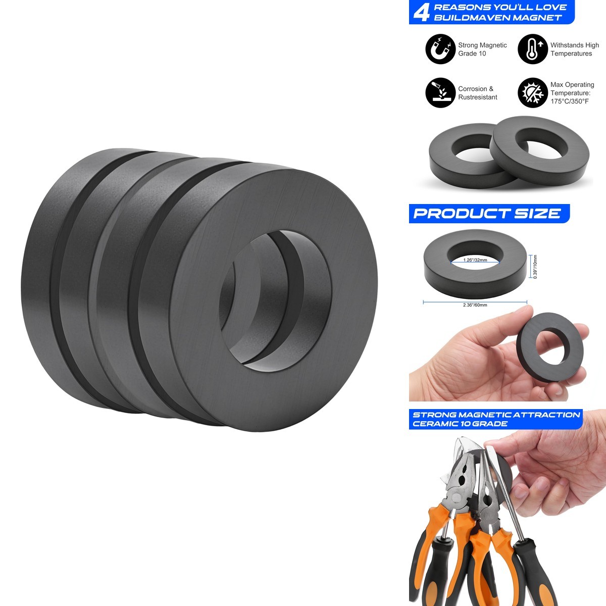 BuildMaven Grade 10 Large Heavy Duty Round Magnets OD60 x ID32 x 10mm (4)