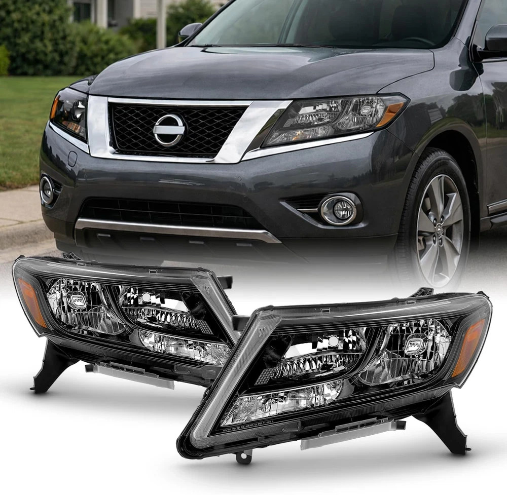 - Fits 2013-2016 Nissan Pathfinder [Halogen Type] Black Headlights Pair Driver L