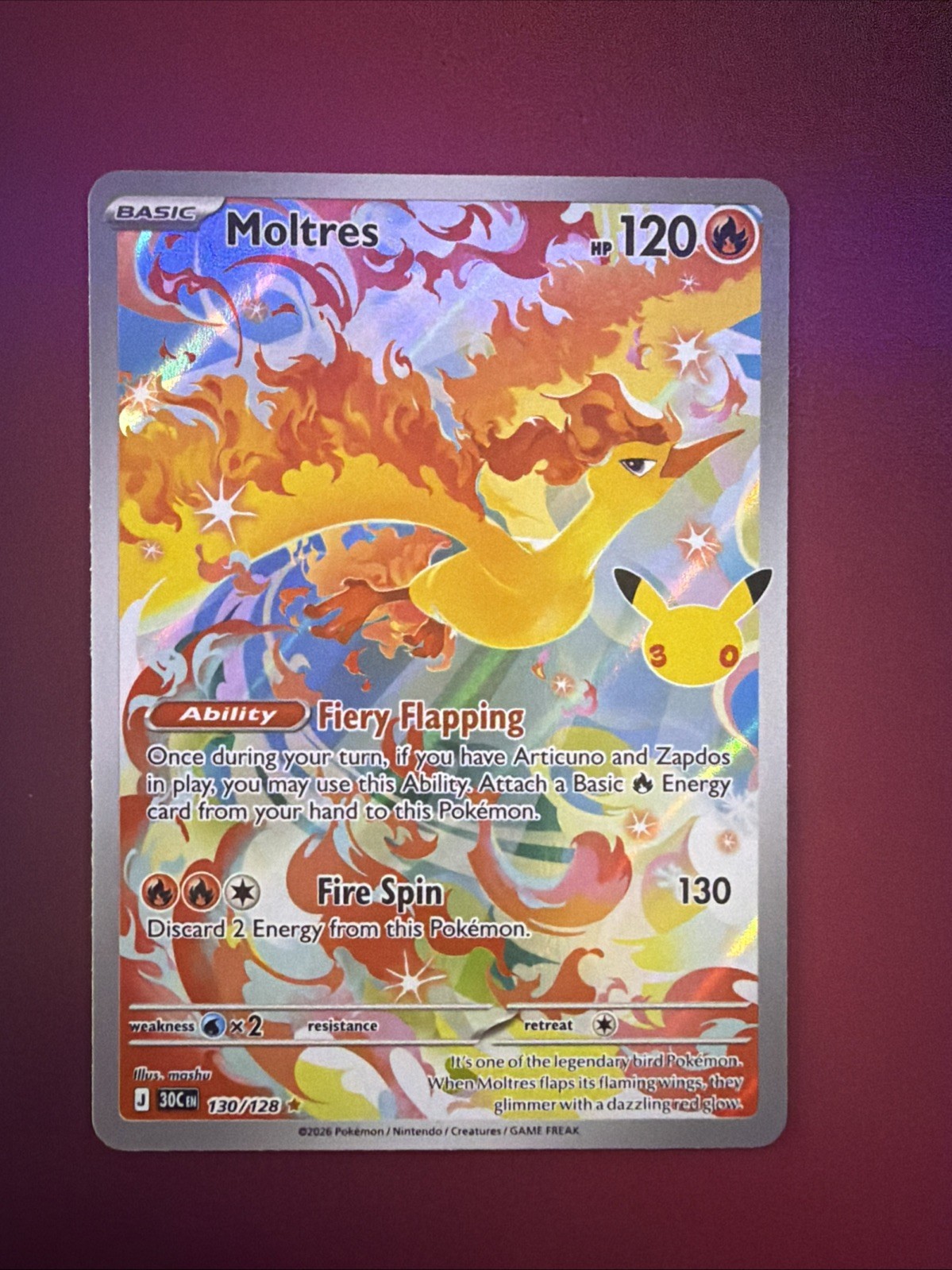 Moltres 130/128 Illustration Rare Me: 30th Celebration Holo