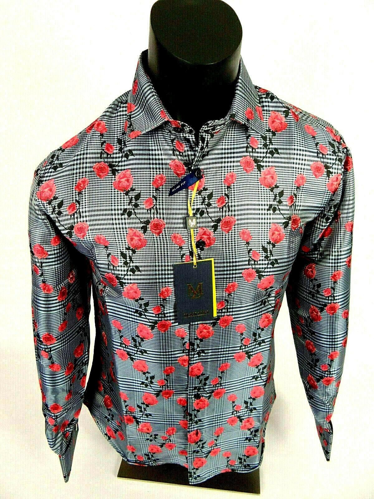 Manzini Button Dress Shirt Blue Plaid with Roses Floral Mens French Cuff Links