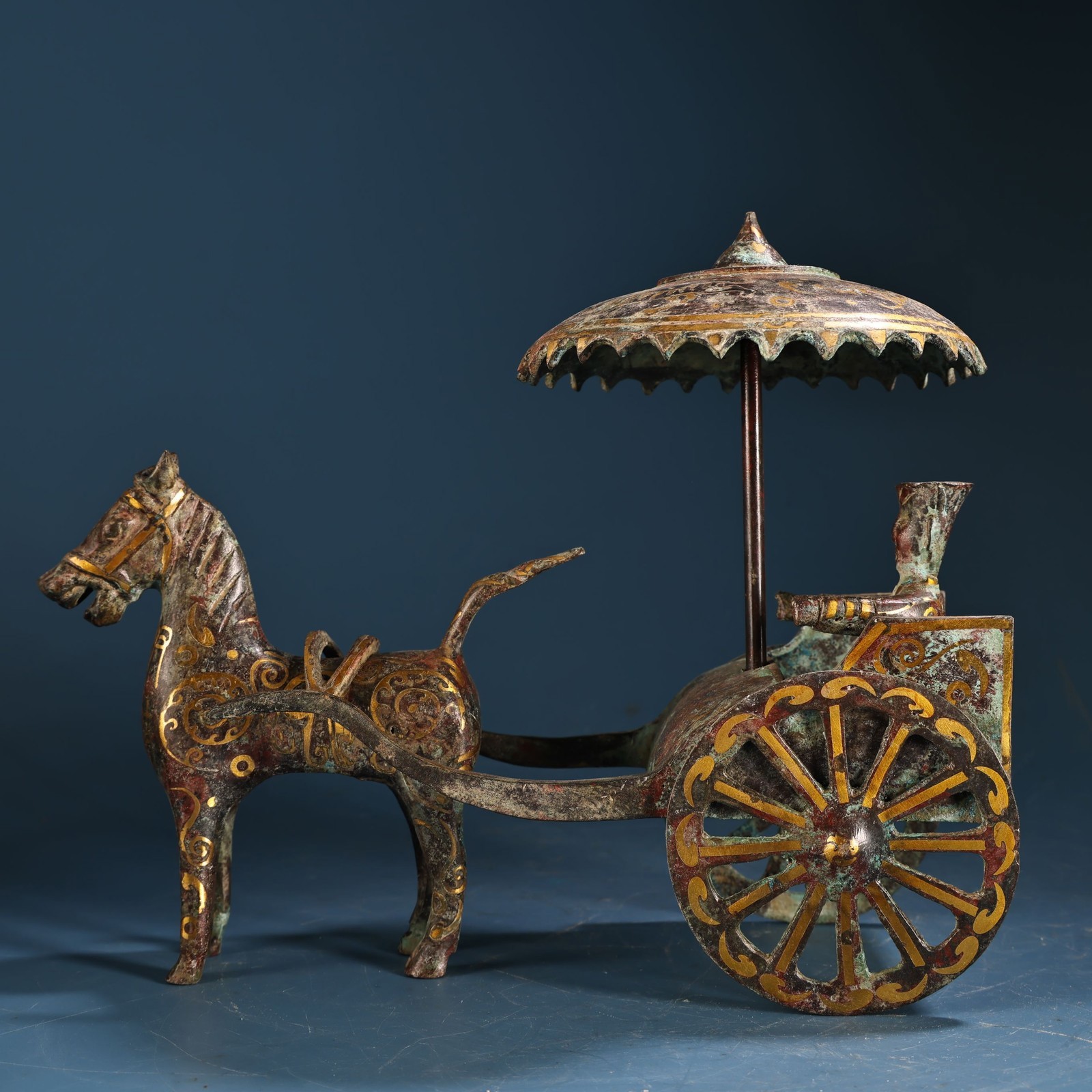 Bronze Gilded Inscription Pattern Horse Drawn Cart Statue Ancient Chariots