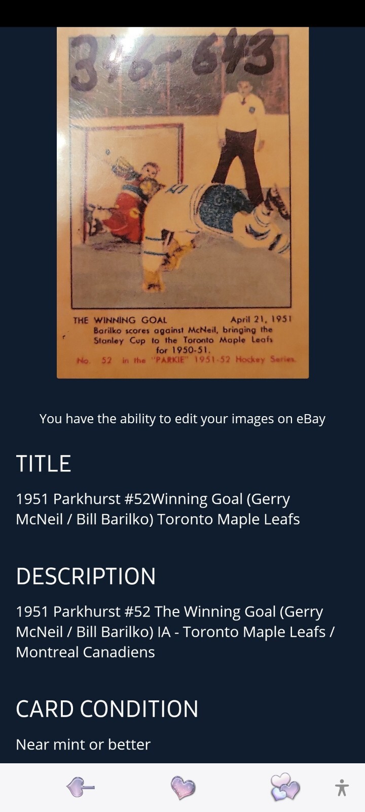 1951 Parkhurst #52 Game Winning Goal - Maple Leafs Canadiens - McNeil Barilko
