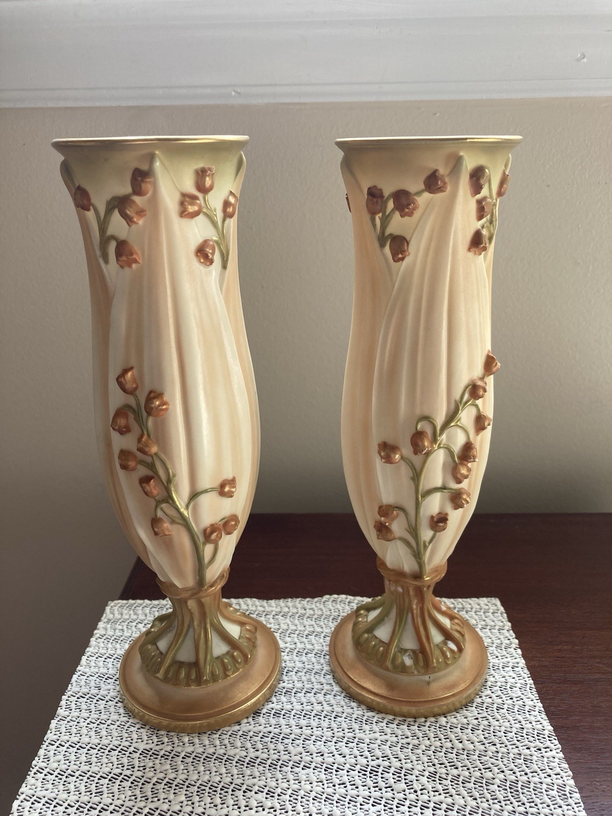 Pair of Blush Ivory Royal Worcester Lily Of The Valley Vases Circa 1903 AS IS Pair of Blush Ivory Royal Worcester Lily Of The Valley Vases Circa 1903 AS IS
