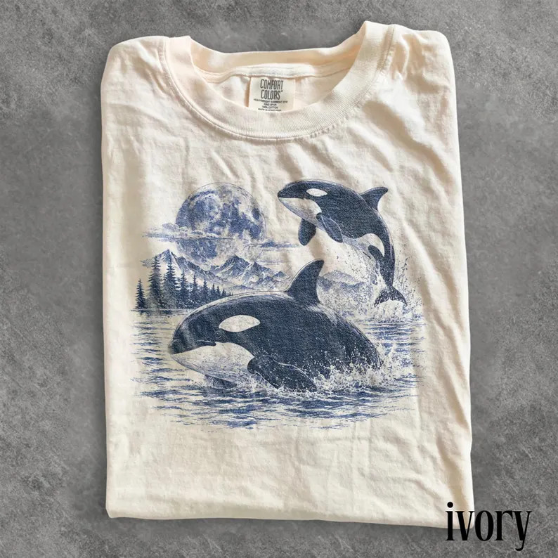 Old School Orca Moonlit Graphic Comfort Tee Whale Ocean Marine Life