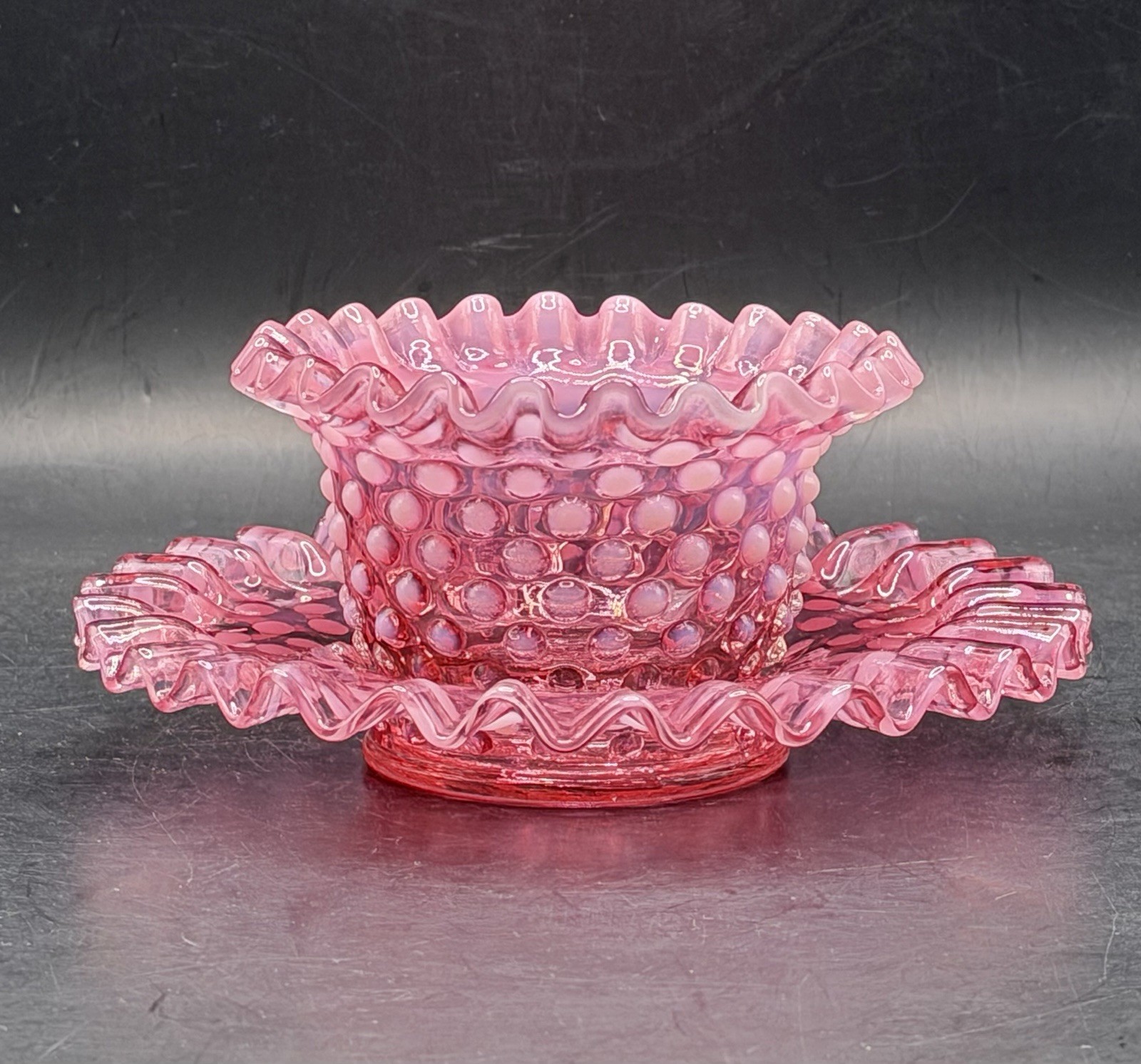 Vintage RARE Fenton Cranberry Opalescent Hobnail Glass Bowl and Underplate Set Vintage RARE Fenton Cranberry Opalescent Hobnail Glass Bowl and Underplate Set