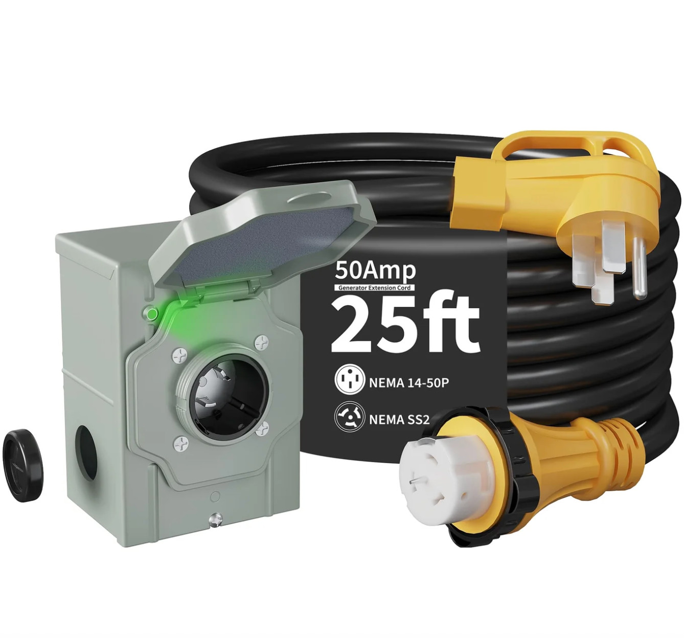 50 Amp 25FT Generator Power Cord and Power Inlet Box 14-50P Male to SS2-50R STW