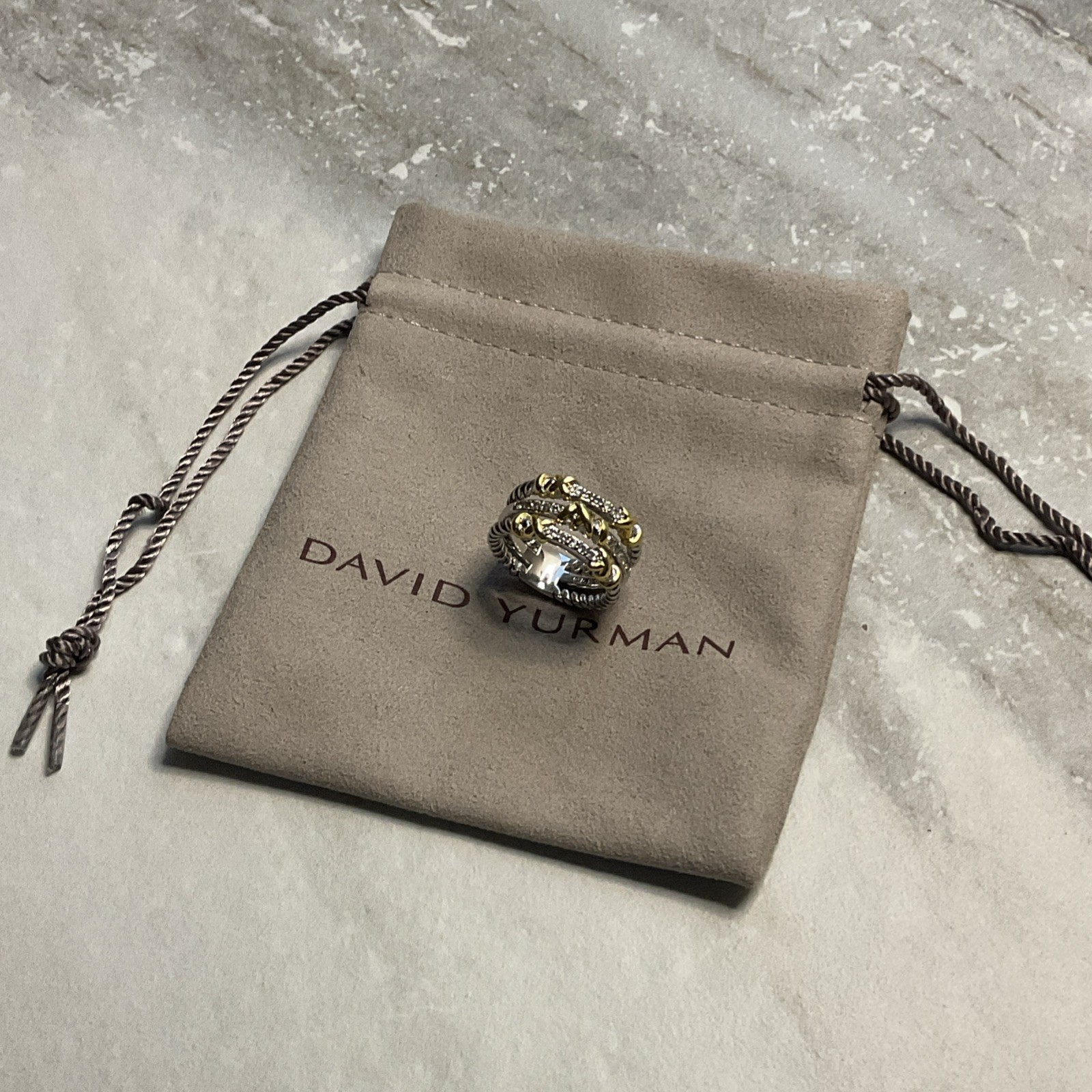 David Yurman Sterling Silver 18K Gold Helena Ring Pave Diamonds Size 7