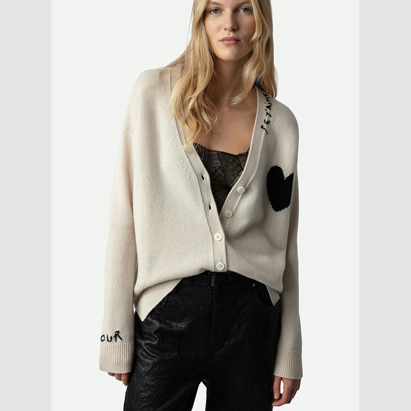 🎁Women Zadig &Voltaire V-Neck Embroidery Love Cashmere Wool Knitted Sweater SML