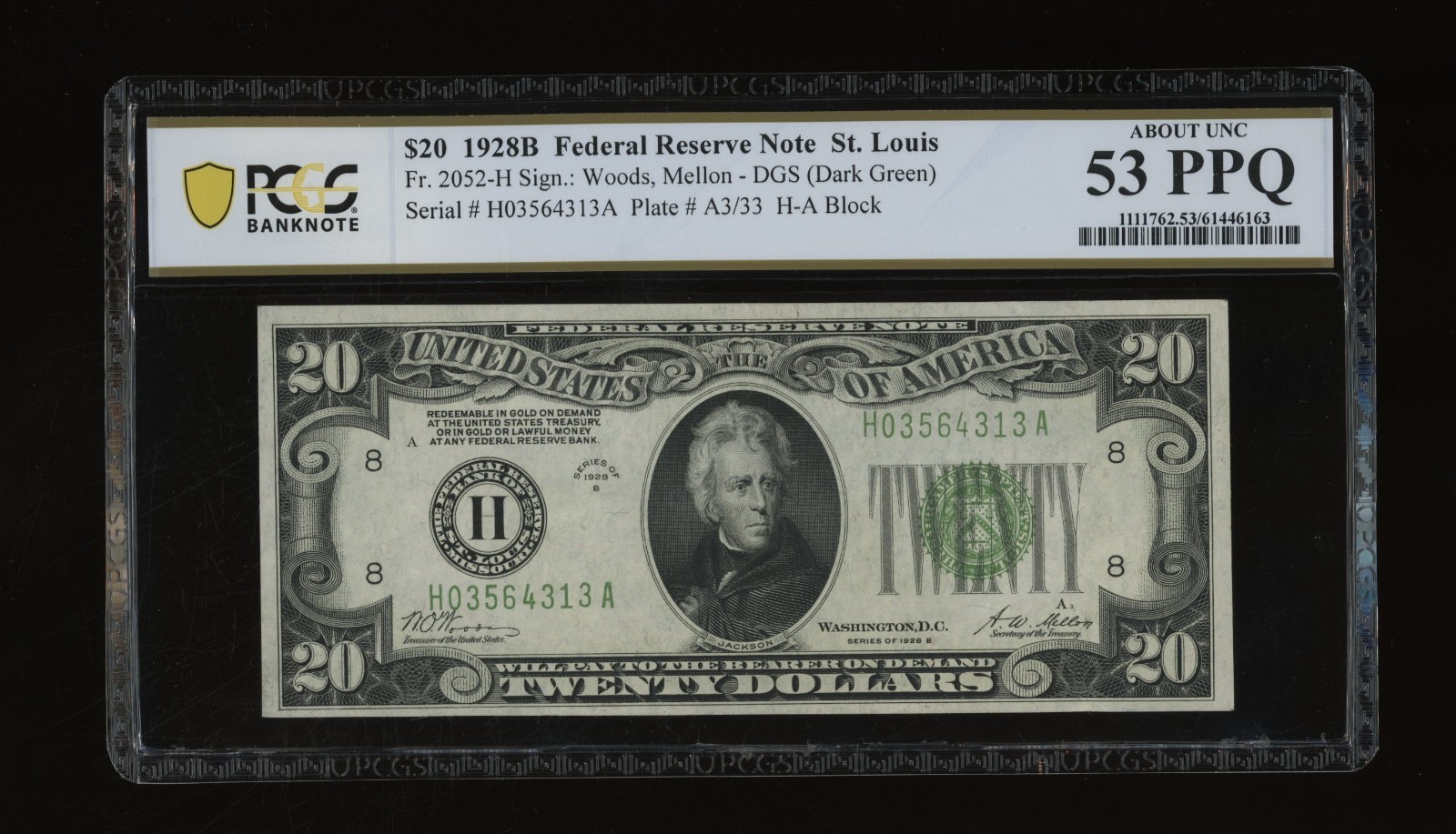 DBR 1928-B $20 DGS FRN St. Louis Fr. 2052-Hdgs PCGS-B 53 PPQ Serial H03564313A