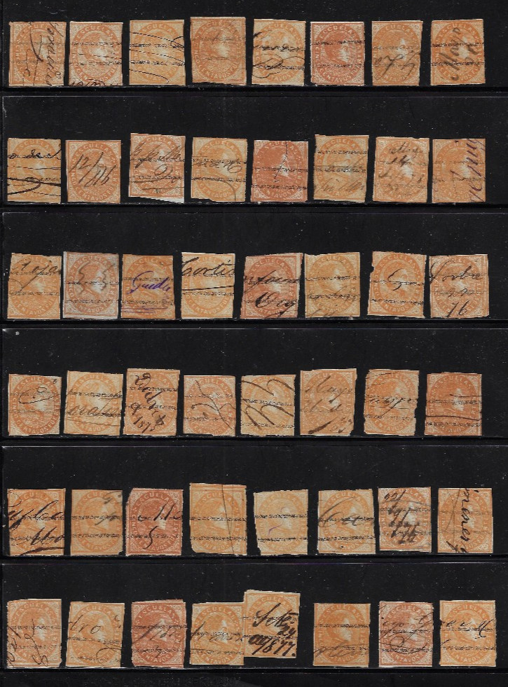 Venezuela: 1871; Scott 026, +45 pieces used with ink, F/VF all condition EBVE016