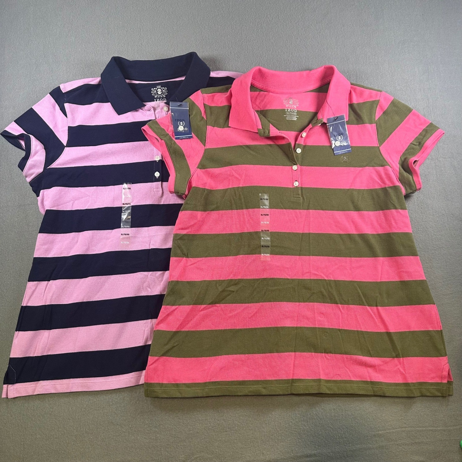 Lot of 2 IZOD Womens Polo Shirts XL NWT Striped Cotton Pique Pink Navy Green Lot of 2 IZOD Womens Polo Shirts XL NWT Striped Cotton Pique Pink Navy Green