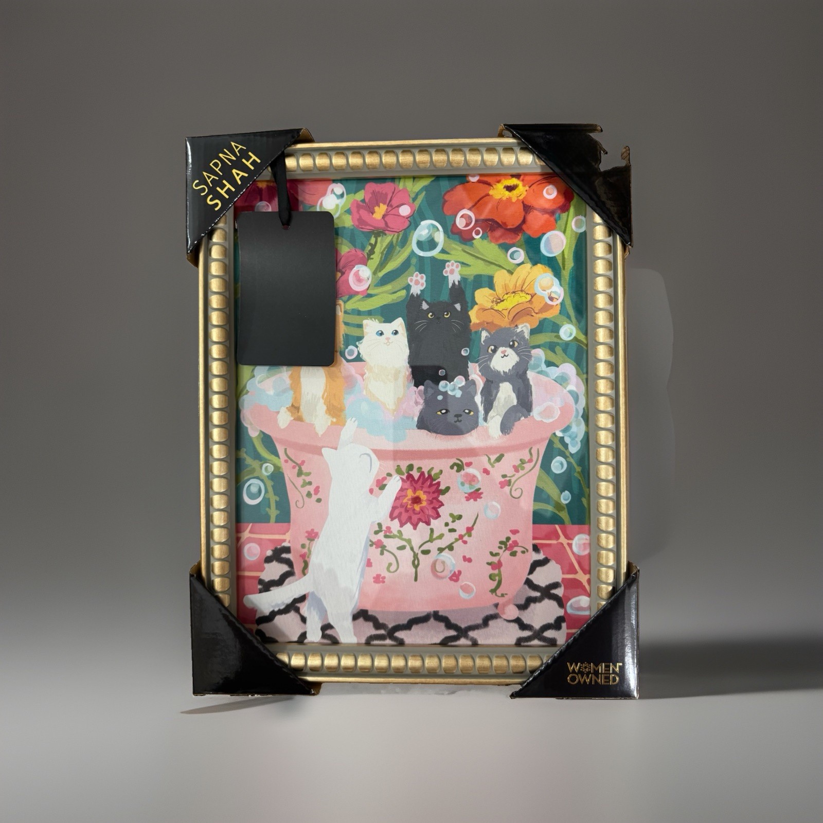 NEW SAPNA SHAH Cats In a Bubble Bath Bathtub Floral Framed Art Print Portrait