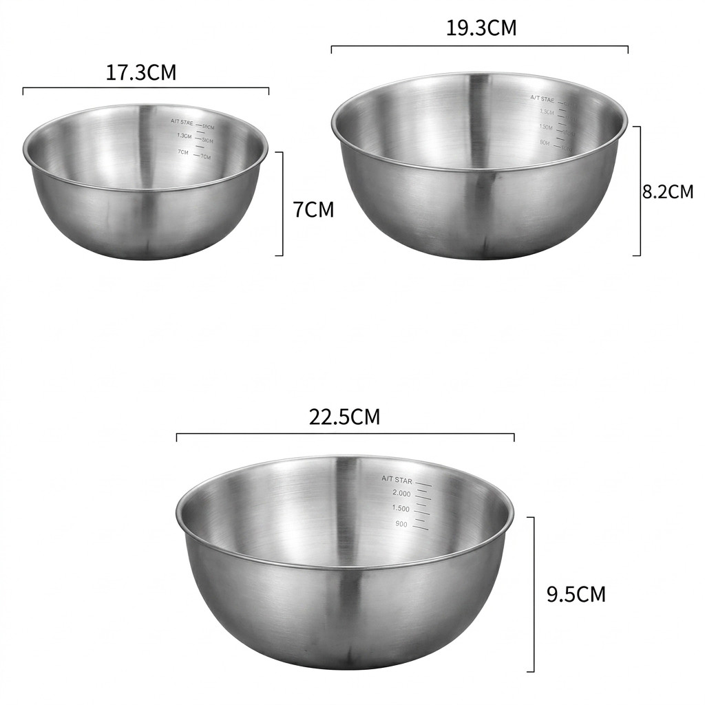 Stainless Steel Mixing Bowl Set 3pcs Large Capacity Cooking Baking Kitchen