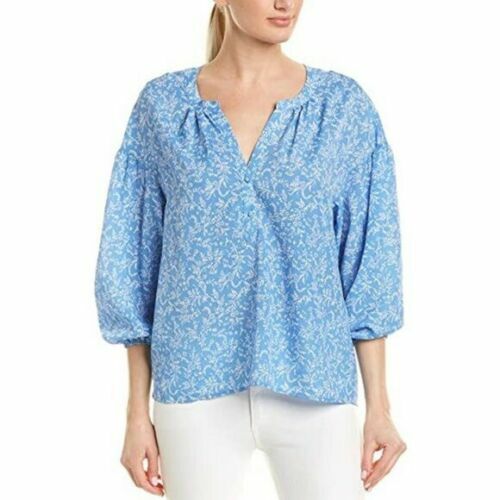Joie Womens Blue Leaf Priint Puff 3/4 Sleeves Split Neck Eilga Blouse Top