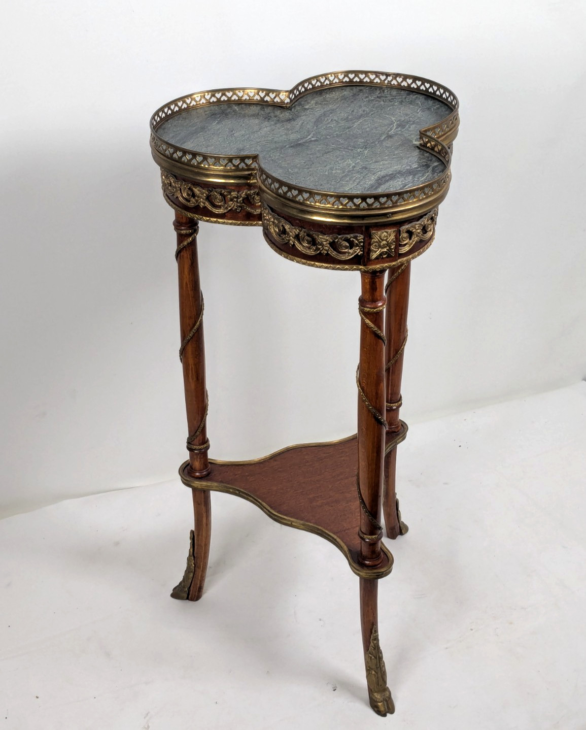 French Louis XVI Style Mahogany Marble Brass Clover Pedestal Side Table French Louis XVI Style Mahogany Marble Brass Clover Pedestal Side Table