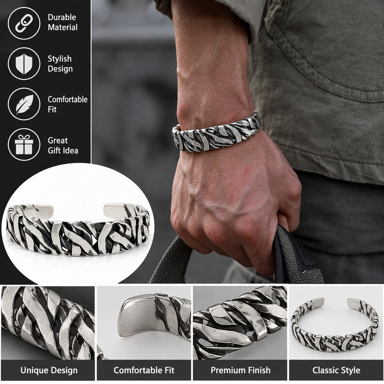 Pulsera de Metal Plateada para Hombre Abierta Ajustable Diseño Retorcido Retro