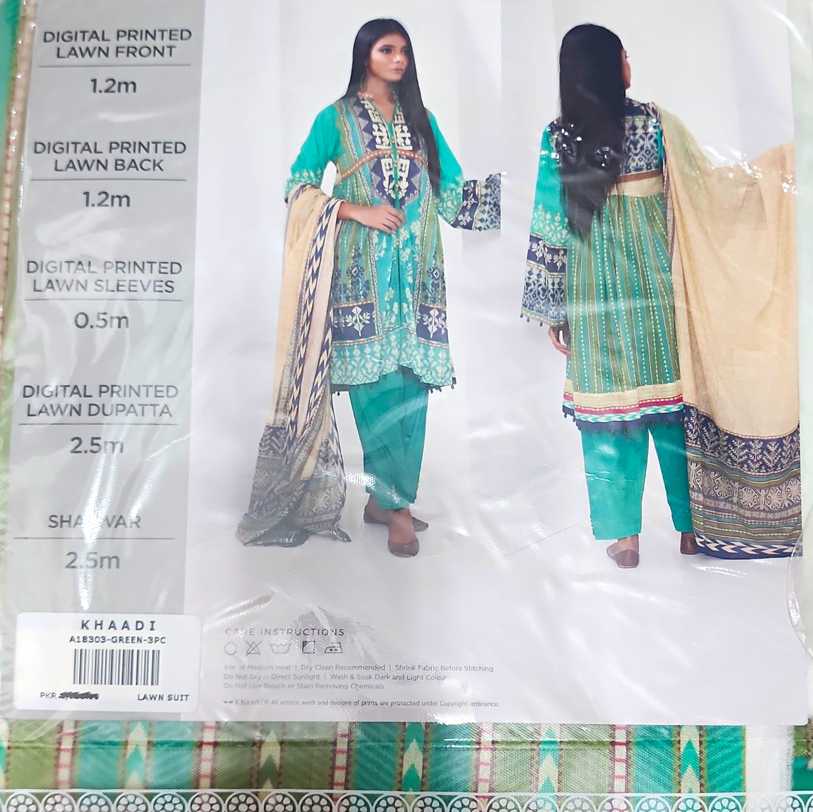 Khaadi Women Pakistani Lawn Cotton 3PC Salwar Kameez Dupatta Green UNSTITCHED