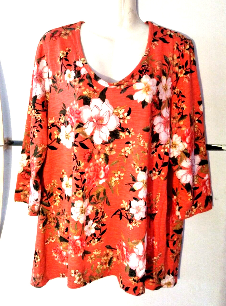 WOMEN\'S CHICO\'S ORANGE WITH FLORAL PRINT 3/4 SLEEVE TUNIC TOP SIZE 3 XL EUC WOMEN\'S CHICO\'S ORANGE WITH FLORAL PRINT 3/4 SLEEVE TUNIC TOP SIZE 3 XL EUC