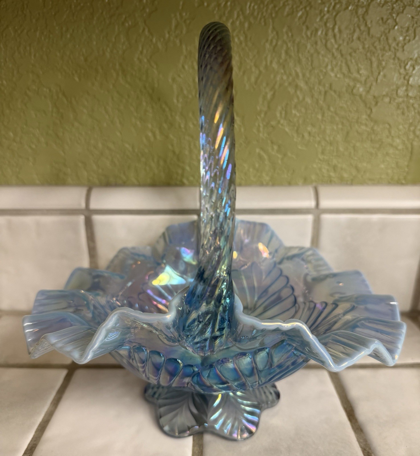Fenton Misty/Ice Blue Iridescent Opalescent “Beauty” Basket Fenton Misty/Ice Blue Iridescent Opalescent “Beauty” Basket
