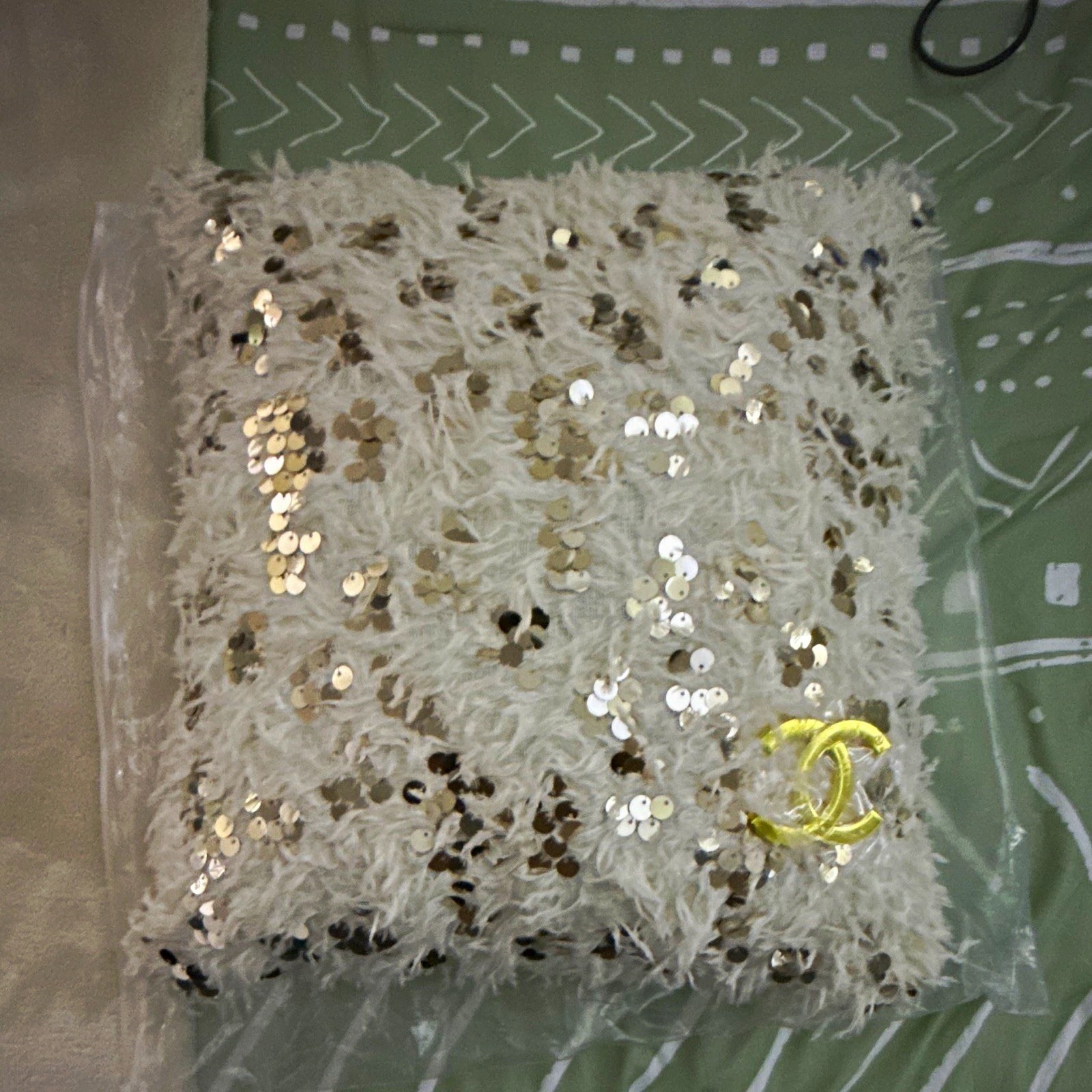CHANEL White & Gold Sequin Square Decorative Throw Pillow 16x16 Zip Logo