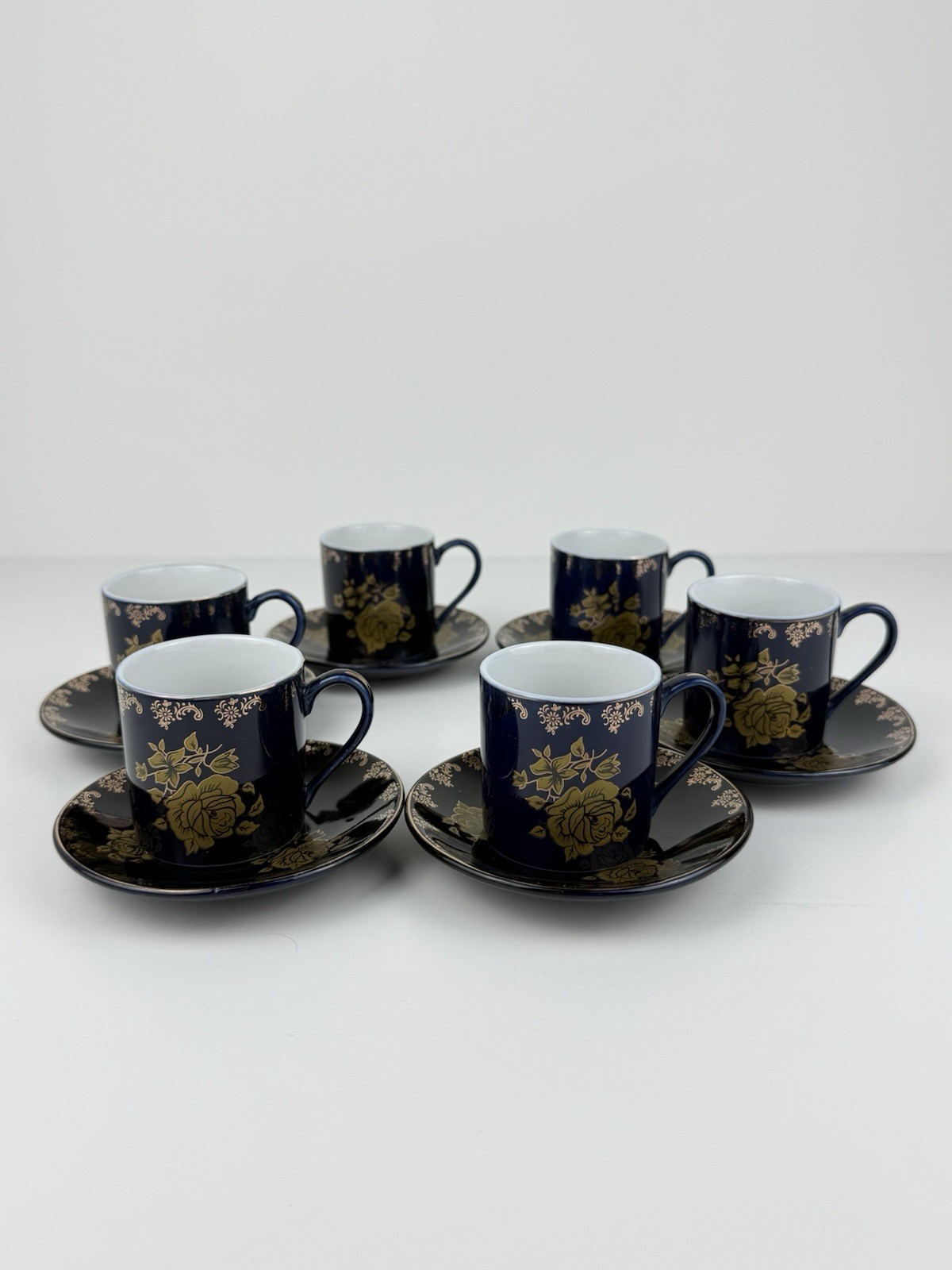 LFZ Lomonosov Cobalt Gold Rose Demitasse Set 6 Cups Saucers Box Rare Stamp