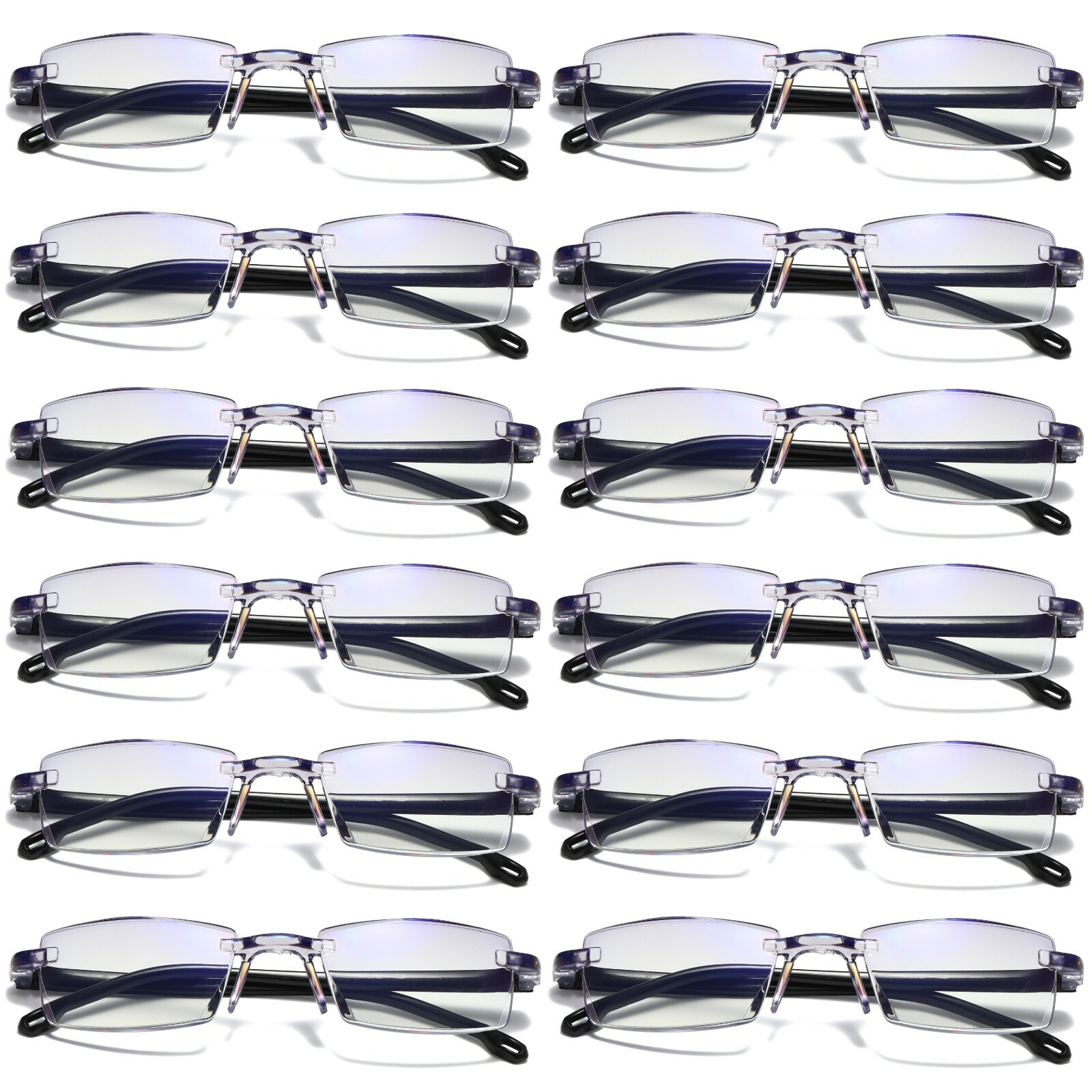 12PK Mens Rectangular Rimless Blue Light Blocking Reading Glasses Unisex Readers 12PK Mens Rectangular Rimless Blue Light Blocking Reading Glasses Unisex Readers