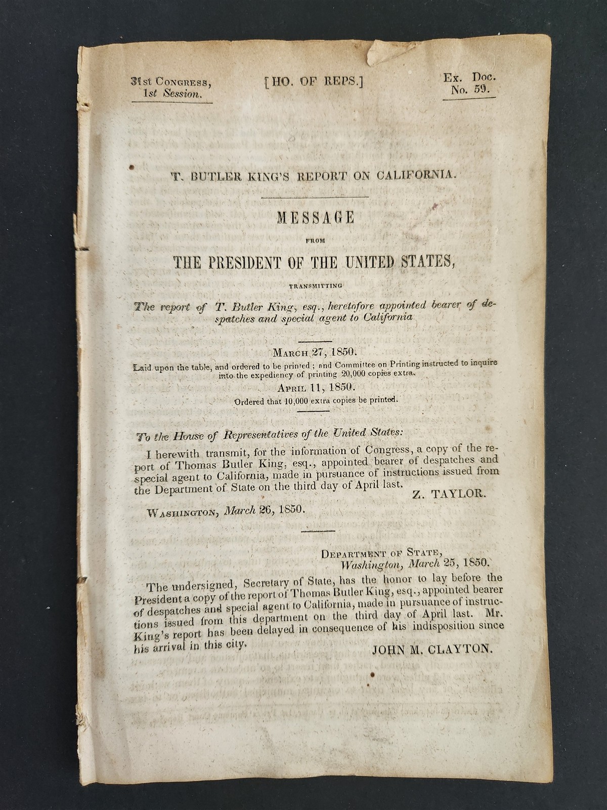 1850 antique CALIFORNIA statehood GOLD RUSH MINING AGRICULTURE Pres Z.TAYLOR msg