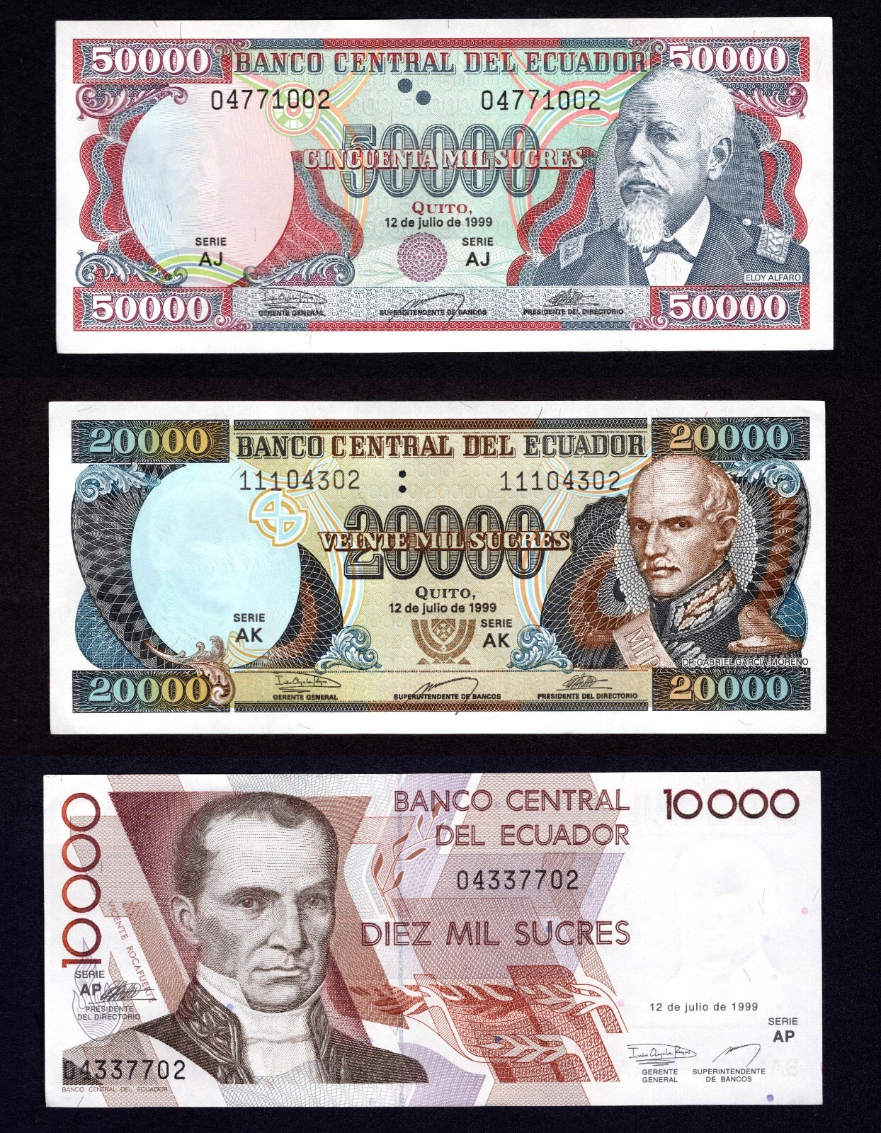 Ecuador Set, 50000, 20000, 10000 Sucres, 1999, 3 Notes, UNC Condition