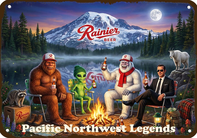 1970s RAINIER Beer Campfire Bigfoot D.B Cooper Alien Yeti Legends METAL BAR SIGN