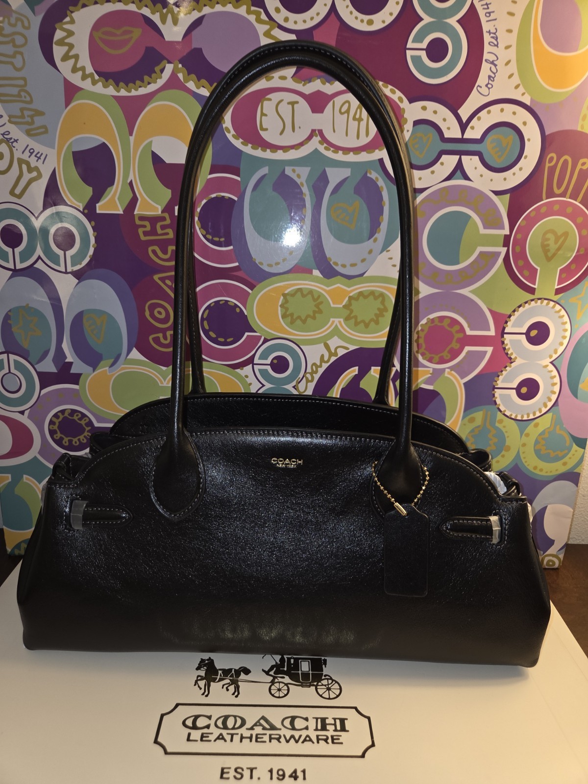 COACH Empire 34 East/West Carryall Satchel Black Glazed Leather CCM57 NWT $475