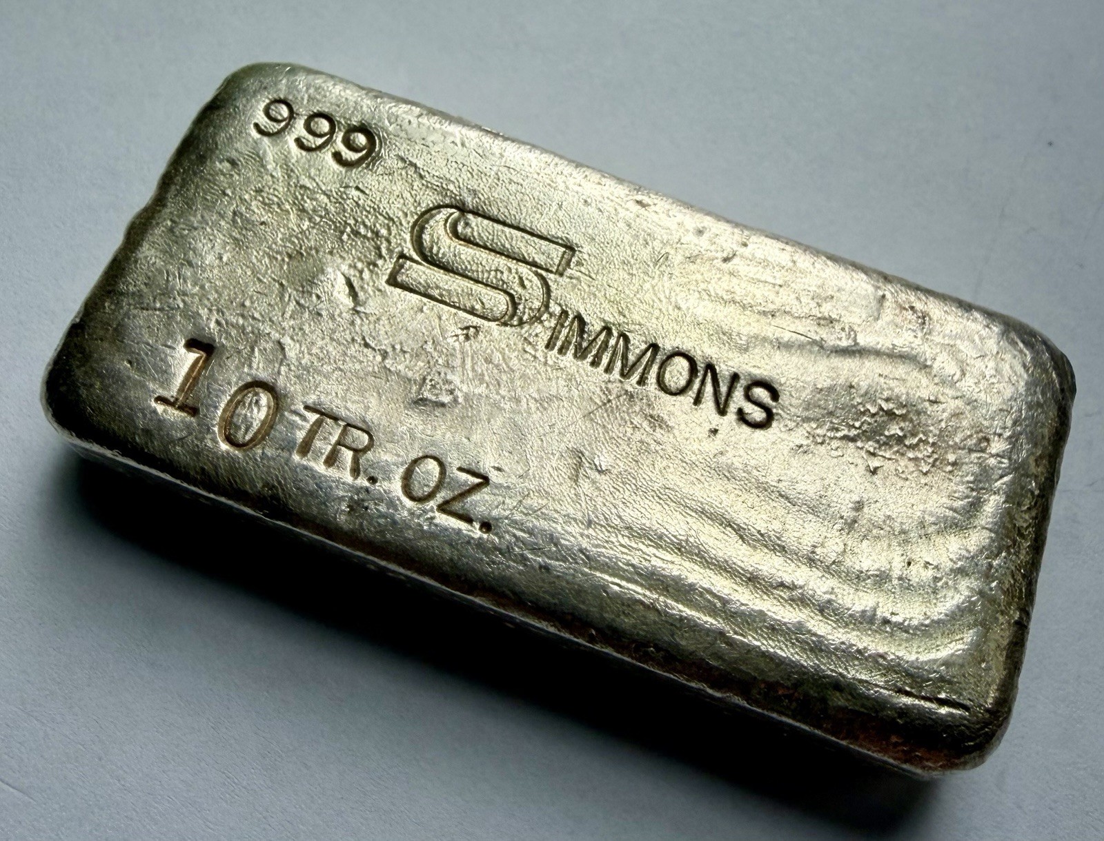 Vintage Simmons 10 Oz 999 Fine Silver Old Pour Bar, Large S, Minty & Rare  500