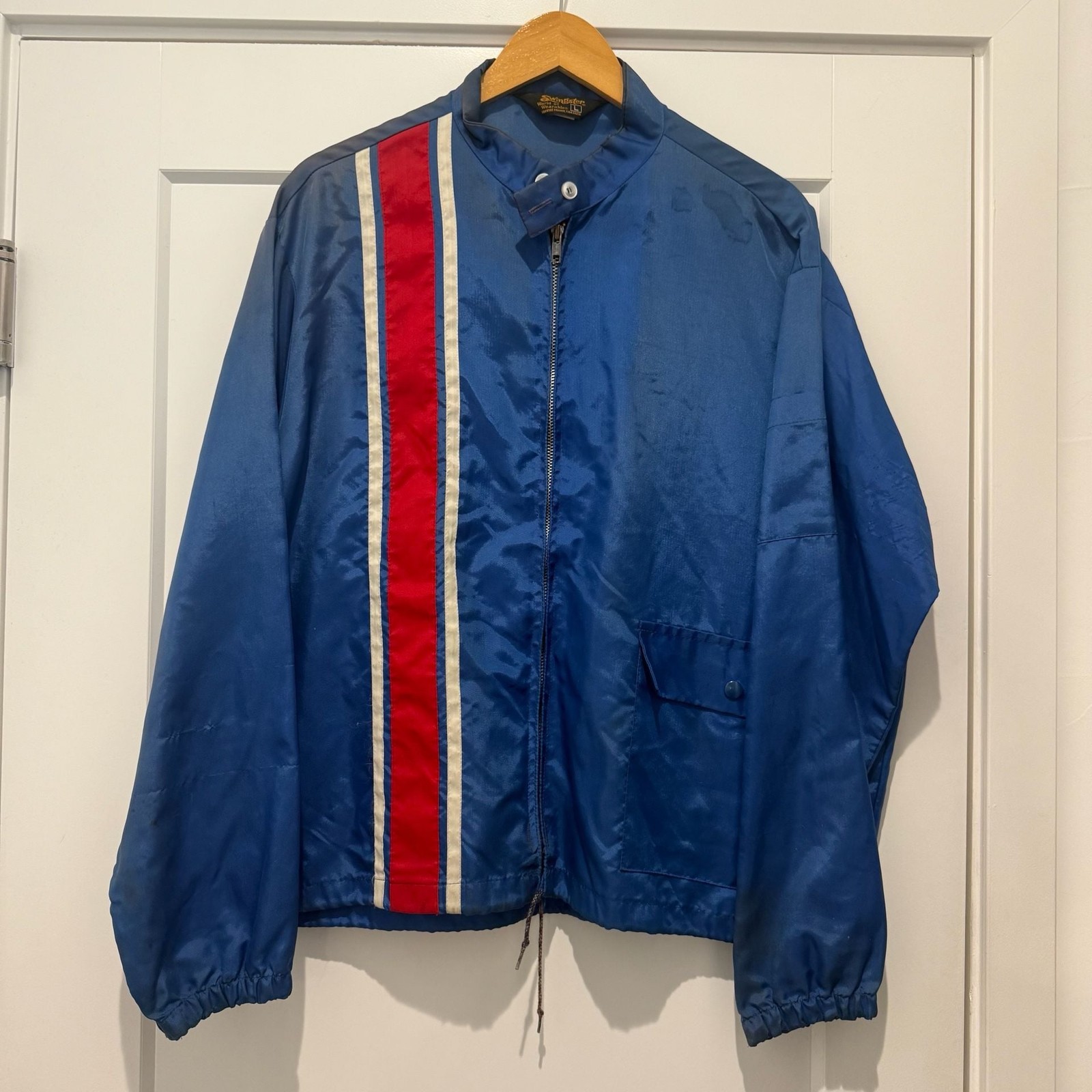 Swingster Vintage 70s Racing Stripe Windbreaker Jacket Size L Blue Swingster Vintage 70s Racing Stripe Windbreaker Jacket Size L Blue