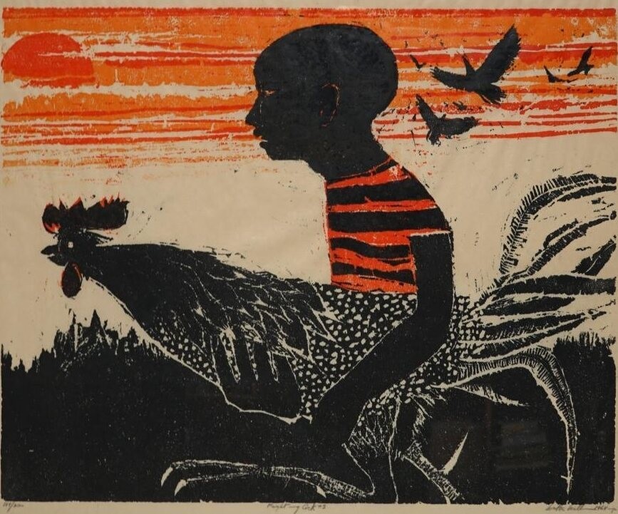 Walter Williams Fighting Cocks African American Modernist Woodcut