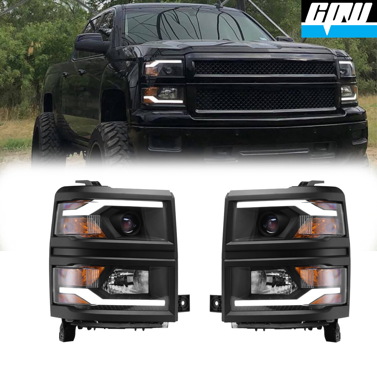 Black LED DRL For 2014 2015 Chevy Silverado 1500 Headlights Projector Headlamps