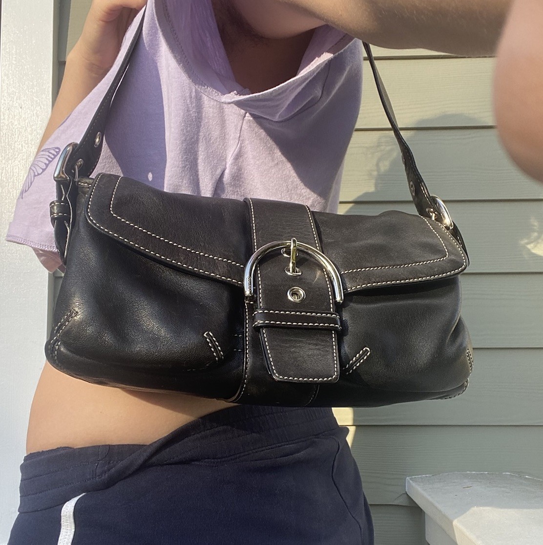 COACH 3653 Soho Double Pocket Shoulder Bag Flap Y2K Buckle Black Purse VTG