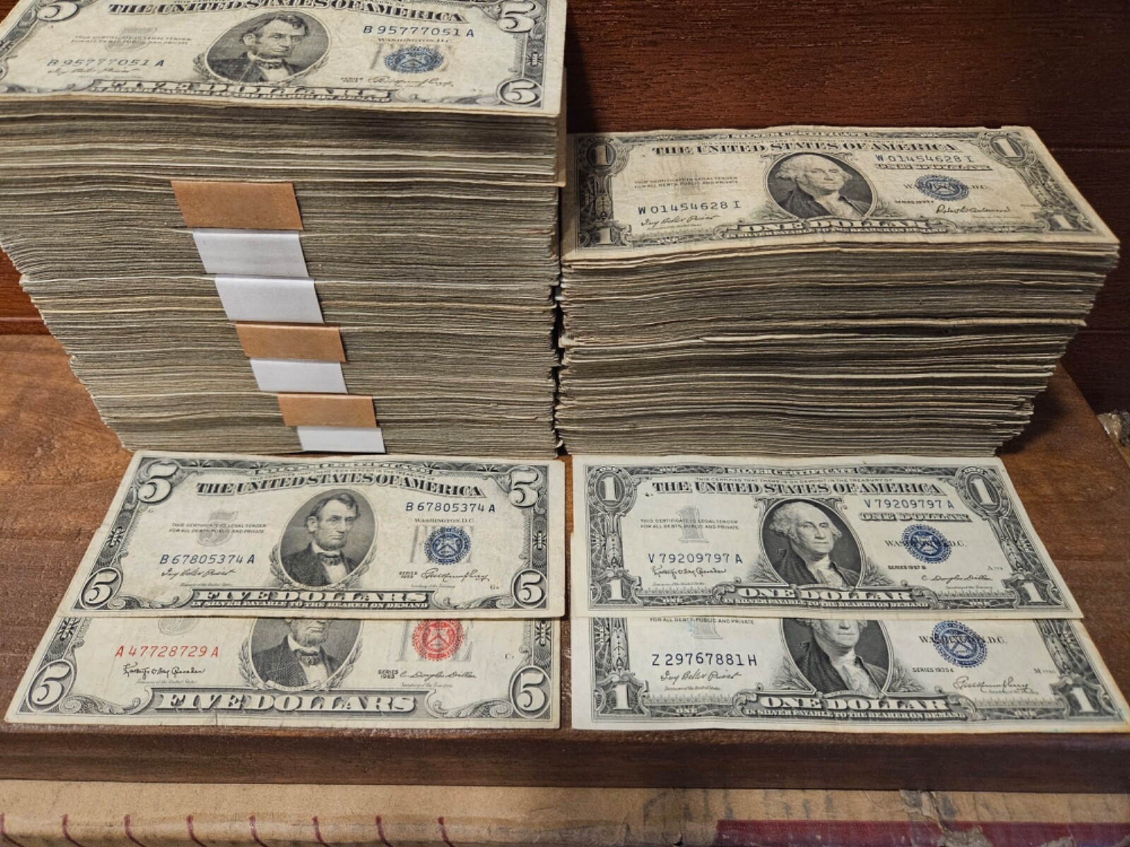 4 notes.  1963 Red Seal $5, 1953 $5 Silver cert & 1935/57 $1 silver certificate