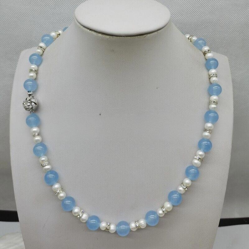 Fine10mm Light Blue Jade &6-7mm Freshwater Cultured White Pearl Necklace 20“Gift