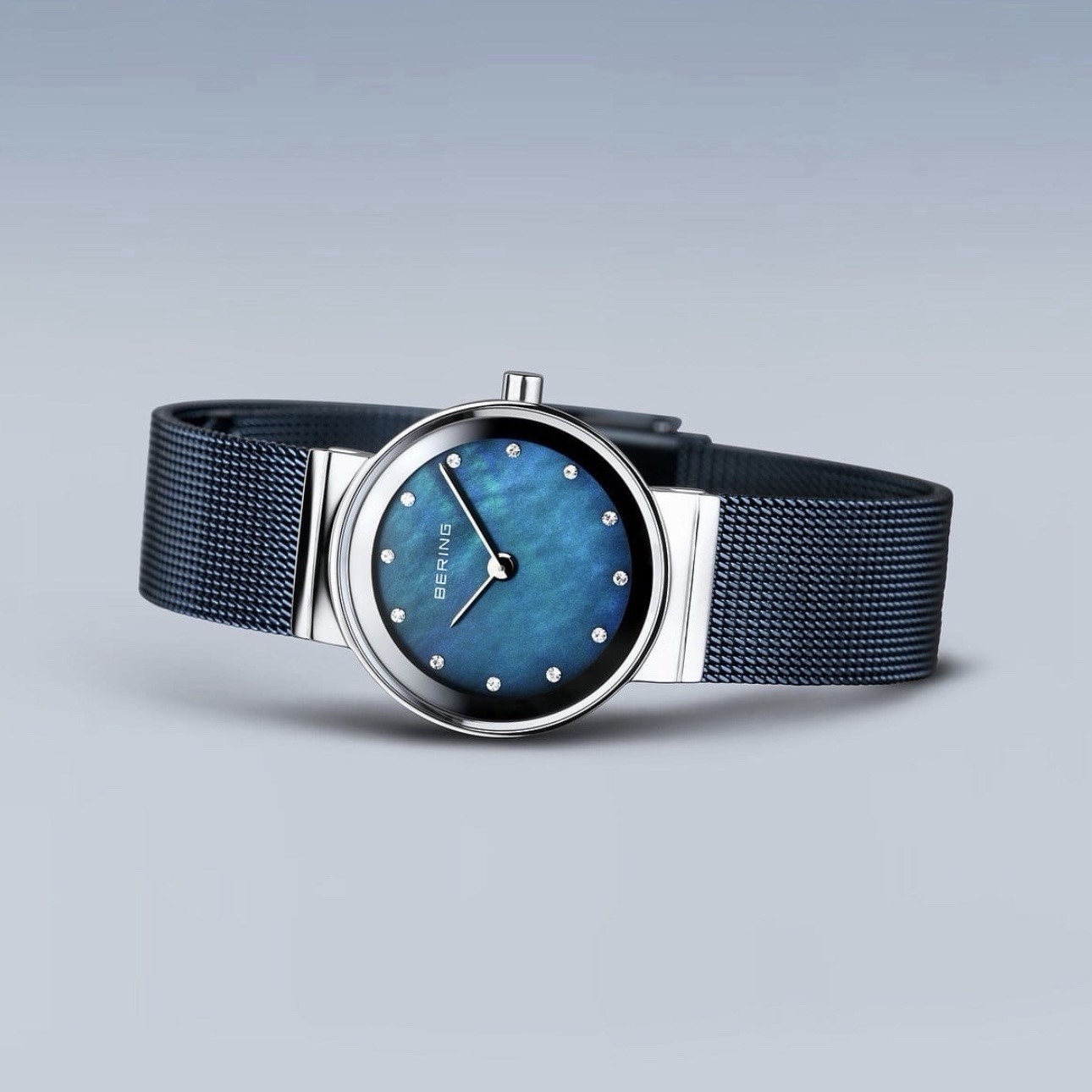 Bering Classic Ladies Silver & Blue MOP Milanese Mesh Sapphire Watch 10126-307