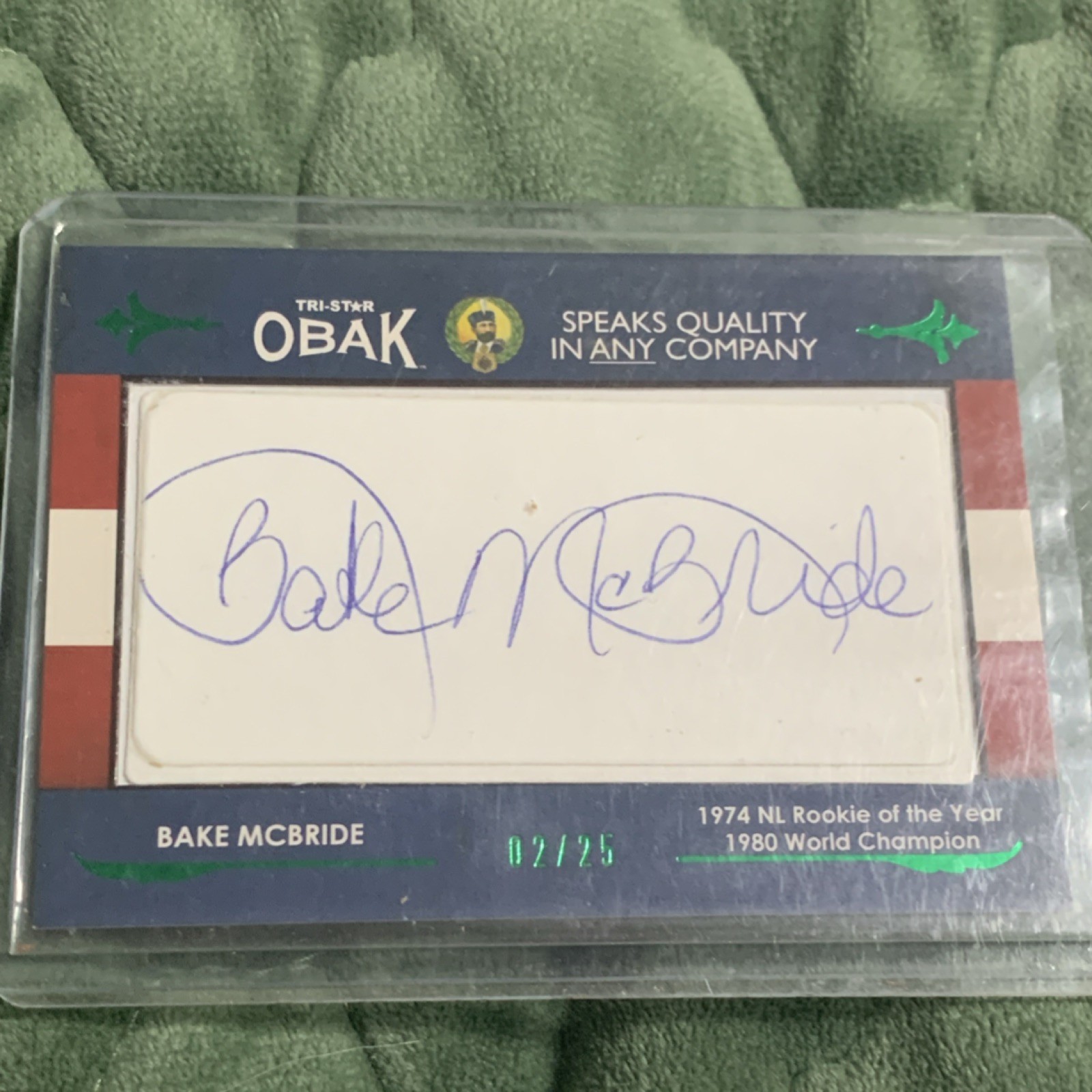 Bake McBride TRISTAR Obak Autographed Index Card 02/25 NL Rookie Champion rare