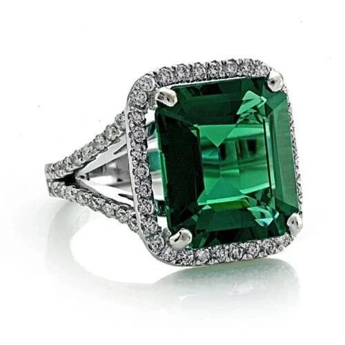 7.54 Ct Emerald Cut Natural Emerald & Diamond Wedding Ring 925 Sterling Silver