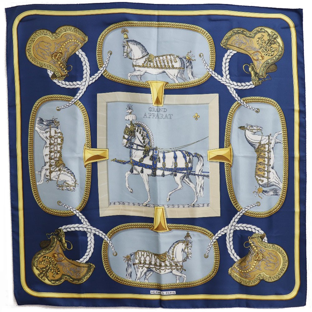 HERMES Carree90 scarf GRAND APPARAT Dressed horse Blue/yellow silk Women