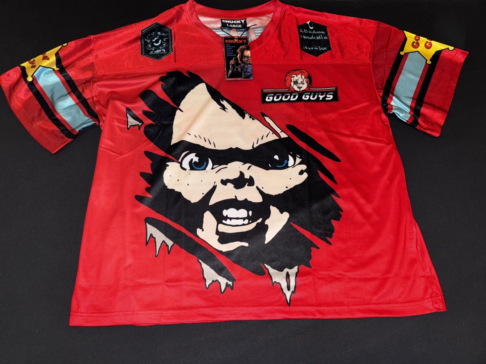 New w Tags Reason Chucky Jersey MensLarge Red Horror Movie Good Guys Graphic New w Tags Reason Chucky Jersey MensLarge Red Horror Movie Good Guys Graphic