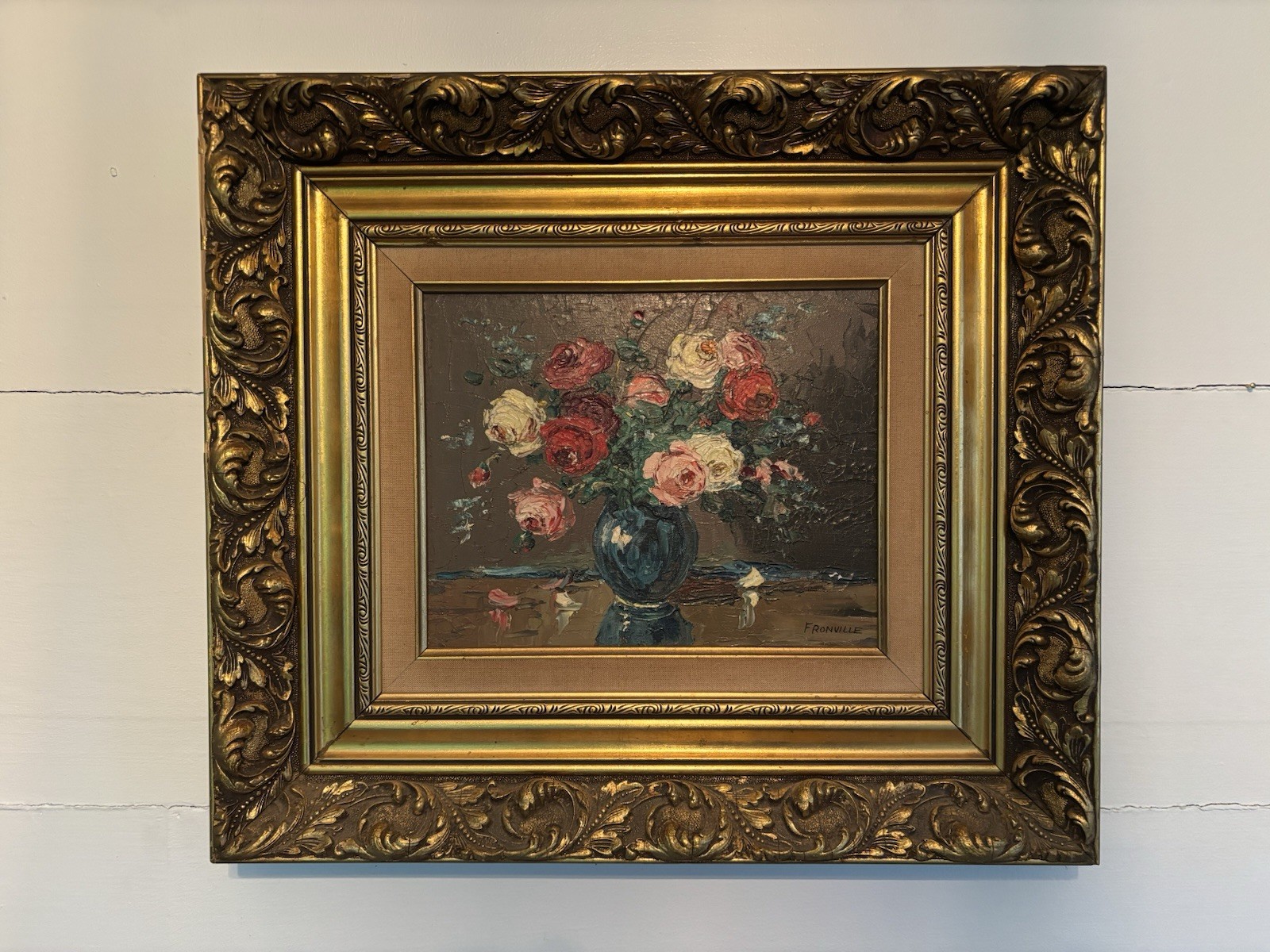 Lovely Mid-century Original Floral Still Life Oil Painting by Constant Fronville