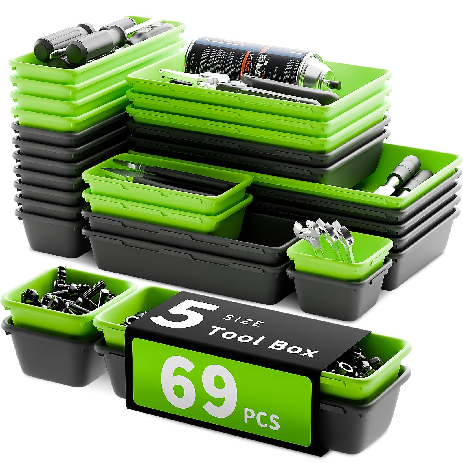 69 PCS & 5 Sizes Tool Box Organizer Trays, Black and Red