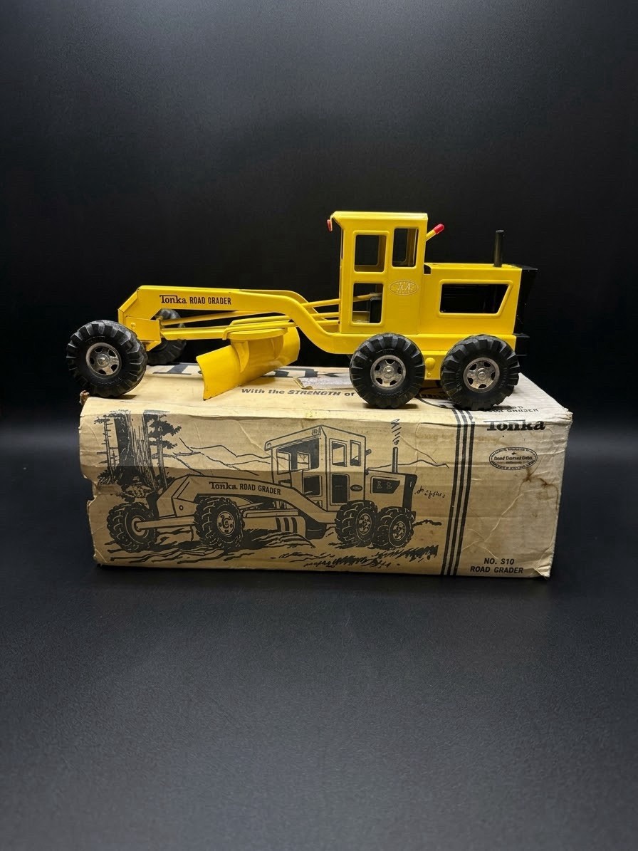 Vintage Tonka Road Grader No 510 Pressed Steel Yellow Construction Toy With Box