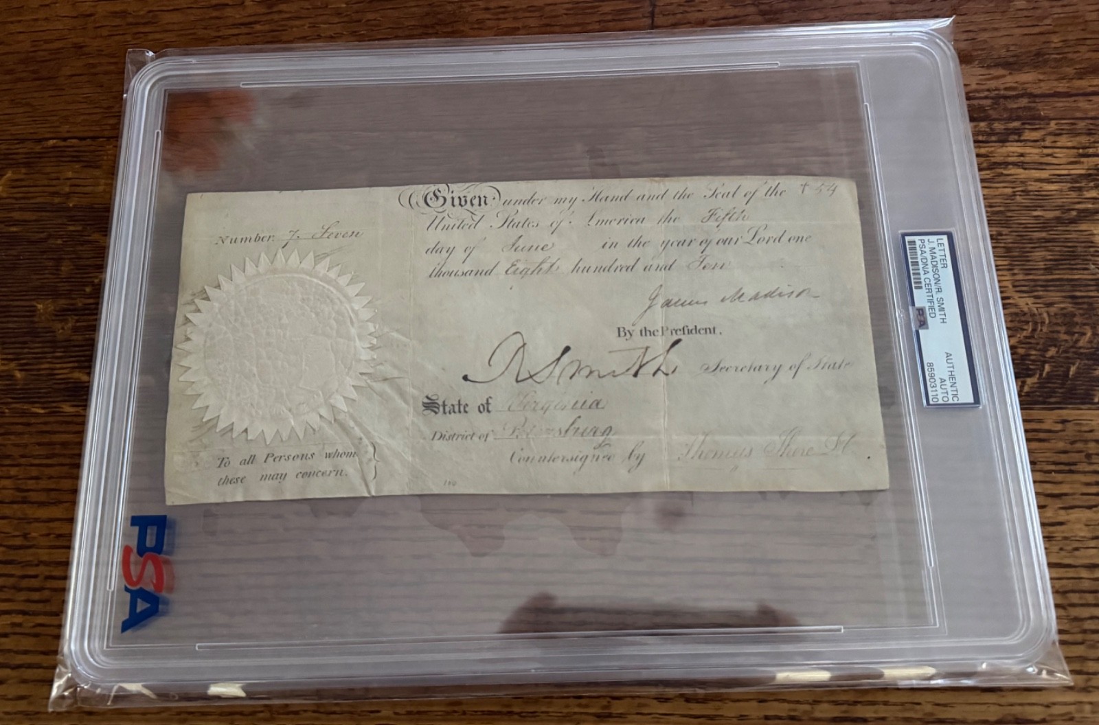 1810 PRESIDENT JAMES MADISON PARTIAL SHIP’S PAPERS PSA/DNA AUTHENTICATED