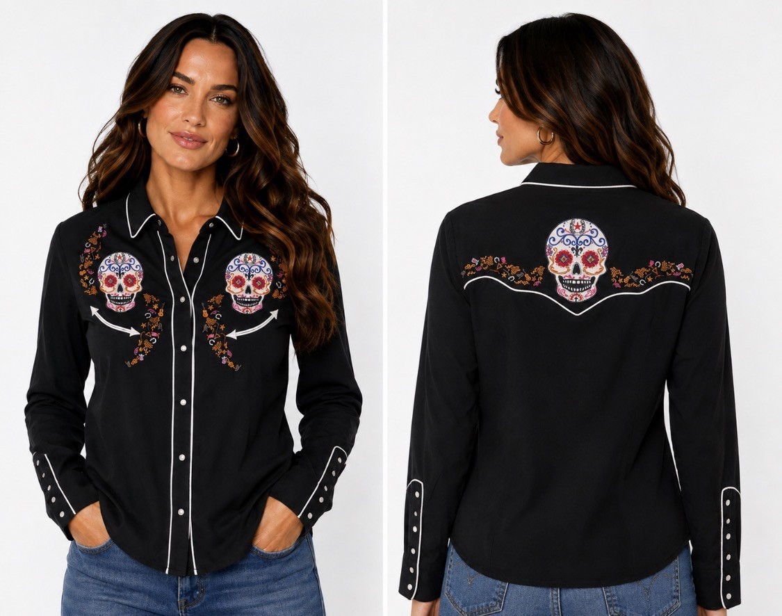 Scully Shirt Womens L Pearl Snap Western Cowgirl Skull Dia de los Muertos Shirt
