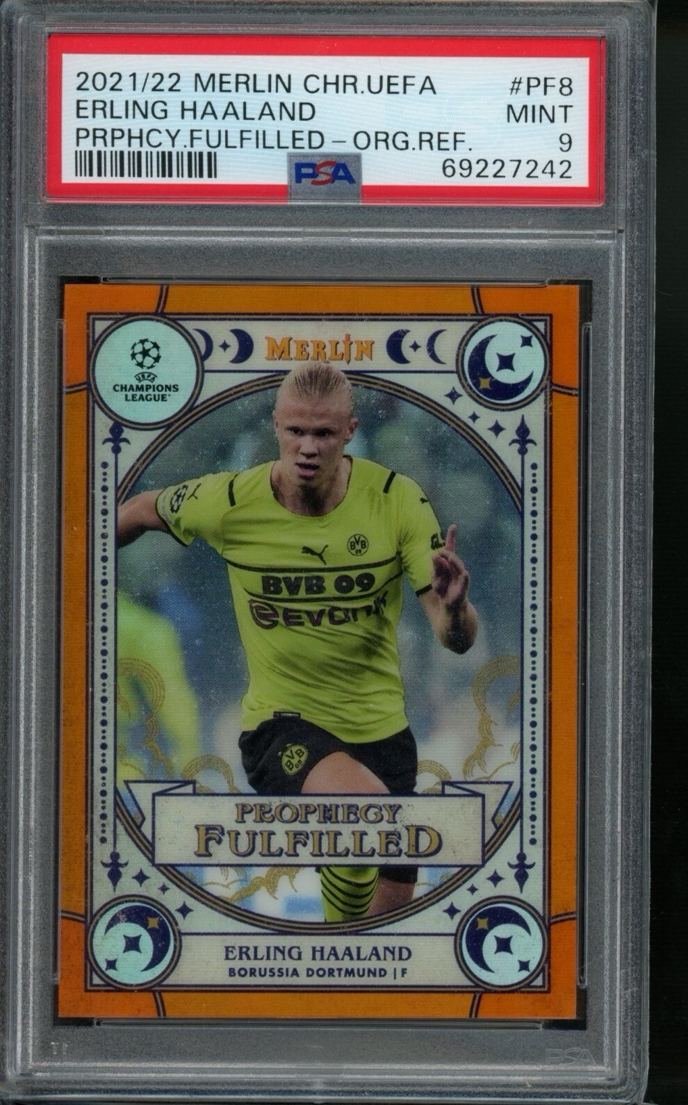 2021-22 Merlin Chrome UCL Erling Haaland Prophecy Fulfilled Orange /25 PSA 2021-22 Merlin Chrome UCL Erling Haaland Prophecy Fulfilled Orange /25 PSA