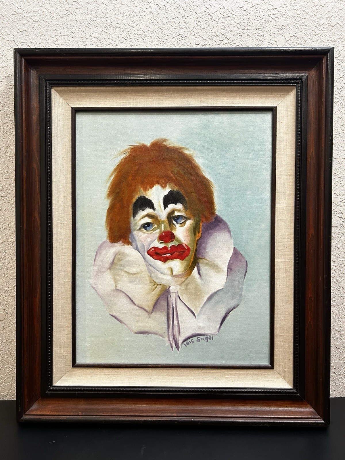 Vintage MCM Mid Century Modern Sad Tragic Clown Oil Painting Signed Lois Sagel