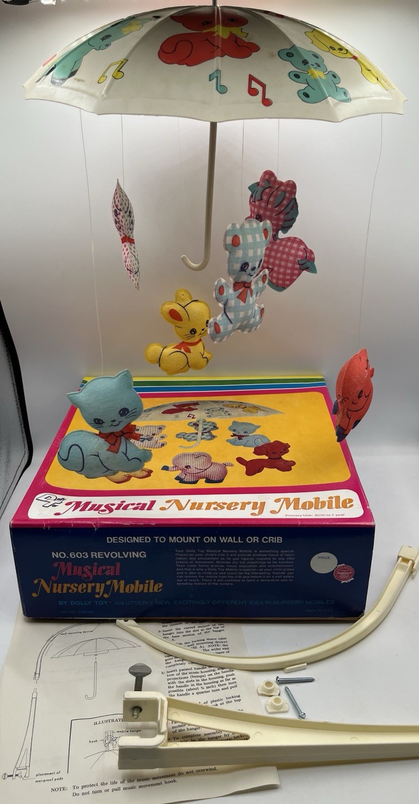 Vintage 1970s Musical Umbrella Baby Mobile Nursery Dolly Toy WORKS Tested AS IS Vintage 1970s Musical Umbrella Baby Mobile Nursery Dolly Toy WORKS Tested AS IS